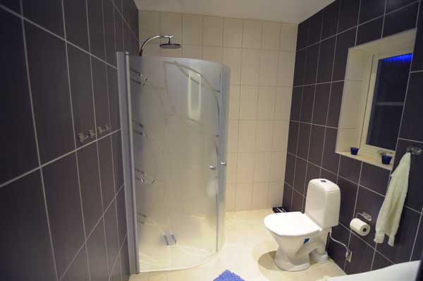 Helkaklat badrum med mörka plattor på väggen, vitt golv